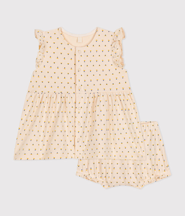 Babies' sleeveless dress and bloomers in lightweight jersey Ecru/multicolor
