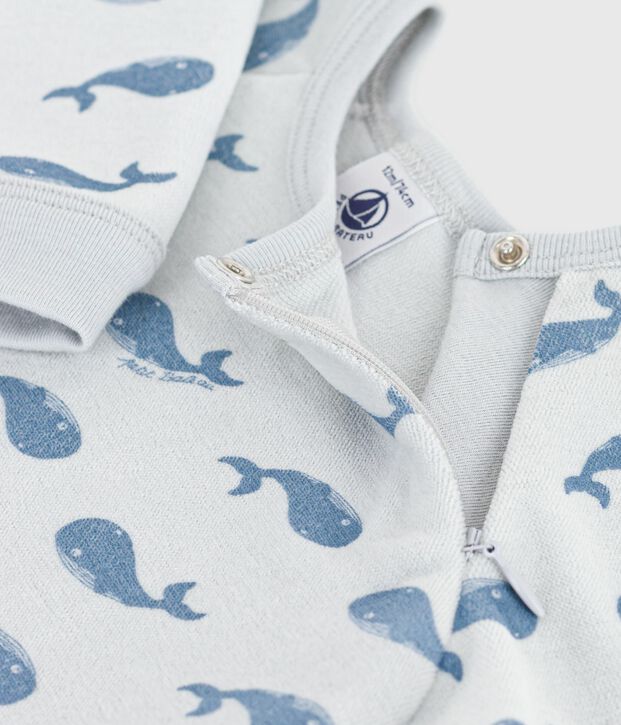 Babies' whale-print velour pyjamas suit with a zip blue/blue
