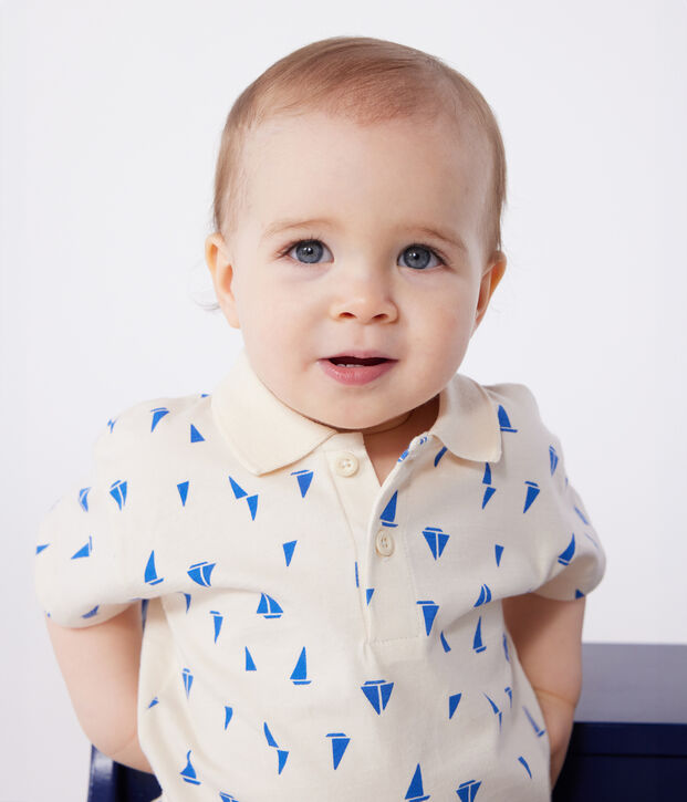 Babies' short-sleeved cotton polo shirt printed with little boats Ecru/blue