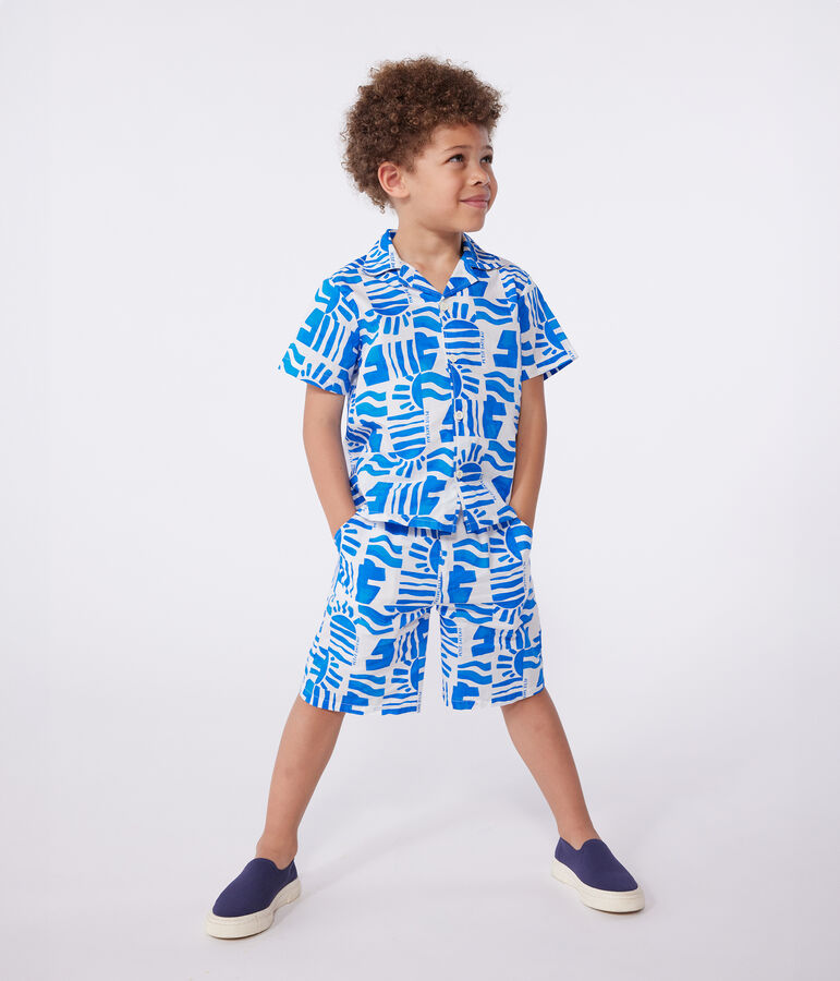 Children's short-sleeved printed cotton shirt MARSHMALLOW blue/PORCELANA