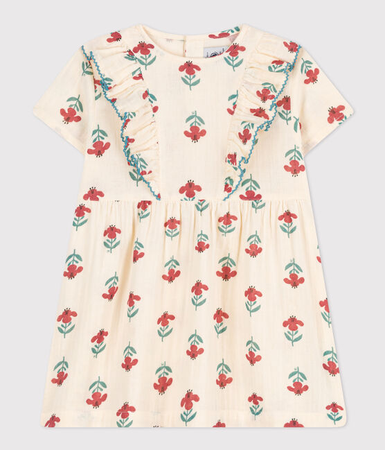 Babies' Short-Sleeved Cotton Gauze Patterned Dress AVALANCHE white/MULTICO