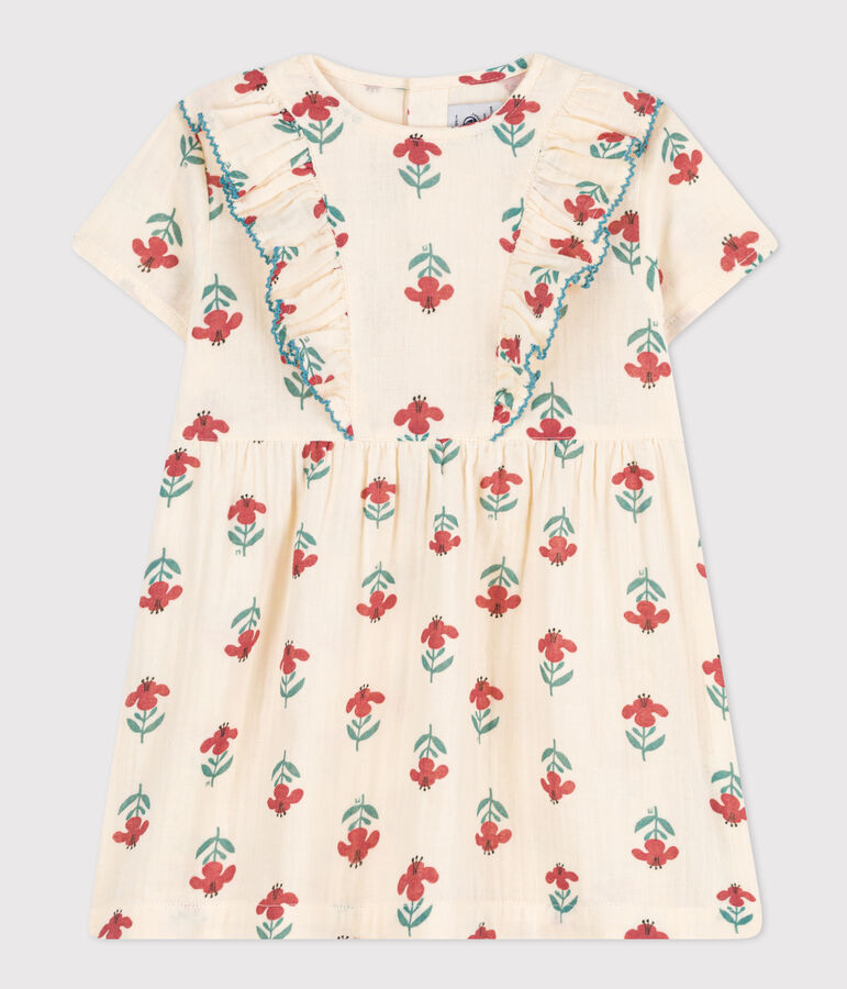 Babies' Short-Sleeved Cotton Gauze Patterned Dress AVALANCHE white/MULTICO