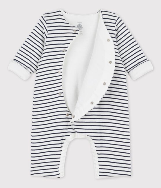 Babies' Striped Organic Cotton Long Playsuit MARSHMALLOW white/SMOKING blue