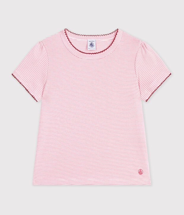 Children's short-sleeved stripy T-shirt pink/white