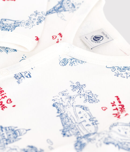 Babies' footless cotton Paris-themed pyjamas MARSHMALLOW white/MULTICO white