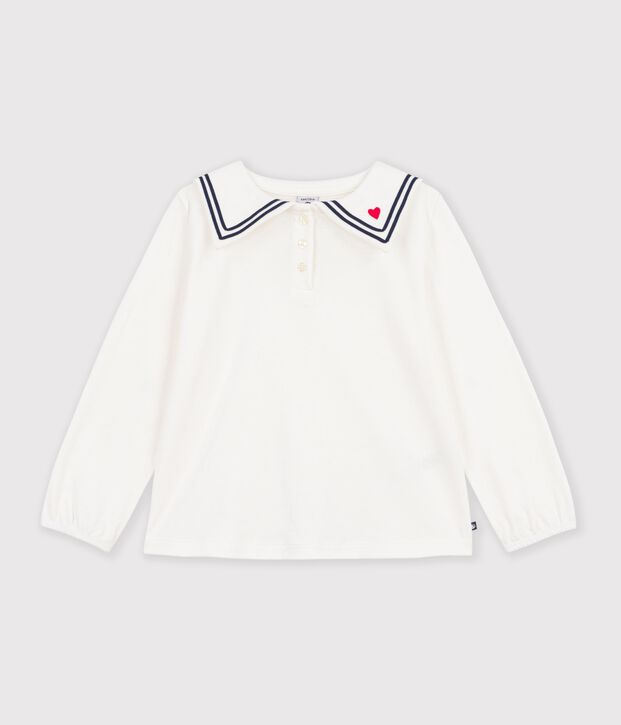 Children's long-sleeved plain cotton blouse with a collar white