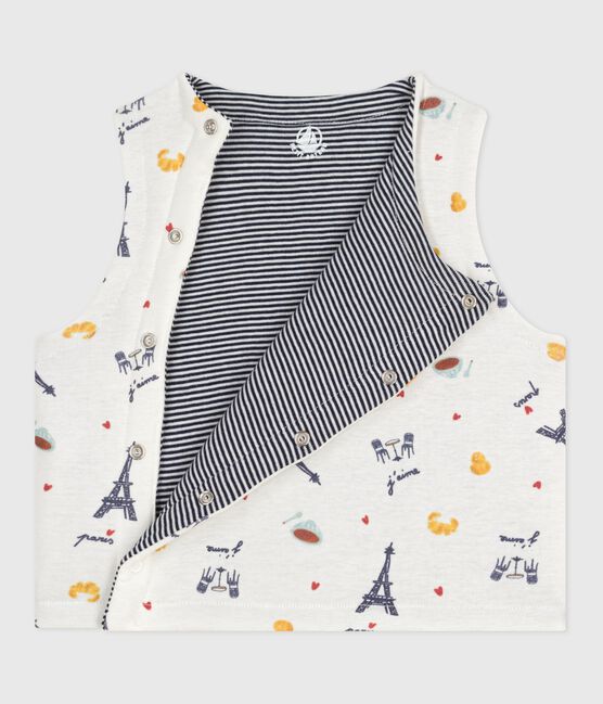 Babies' sleeveless reversible printed cotton cardigan MARSHMALLOW /ADRIATIC
