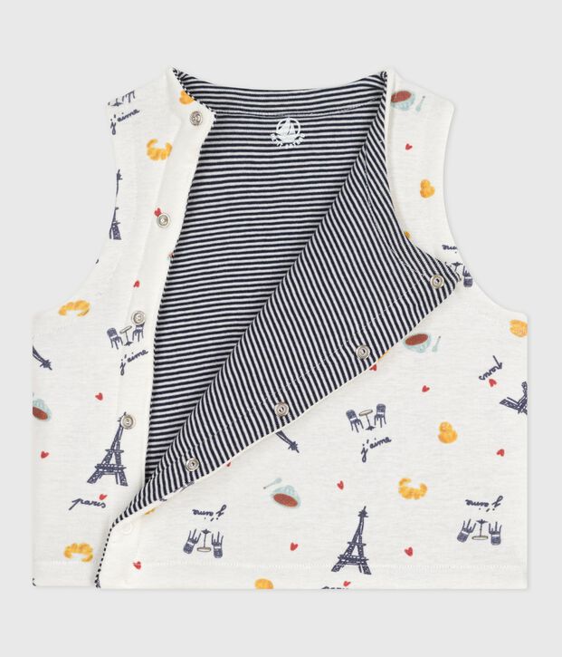Babies' sleeveless reversible printed cotton cardigan white/blue