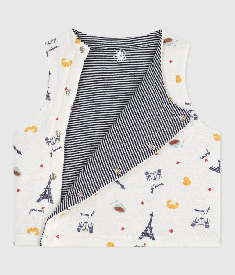 Babies' sleeveless reversible printed cotton cardigan white/blue