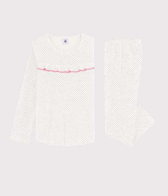 Girls' Polka Dot Ribbed Pyjamas MARSHMALLOW white/MEDIEVAL blue