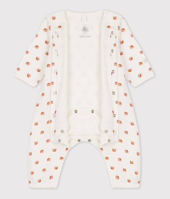 Babies' Patterned Footless Cotton Bodyjama MARSHMALLOW white/ECUREUIL