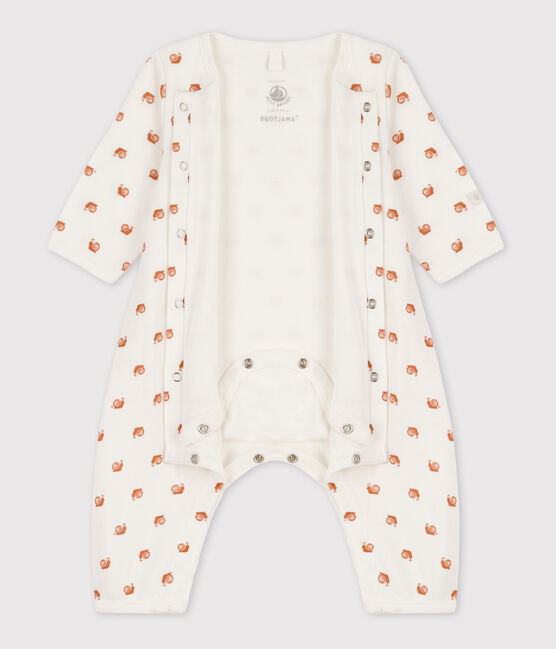 Babies' Patterned Footless Cotton Bodyjama MARSHMALLOW white/ECUREUIL