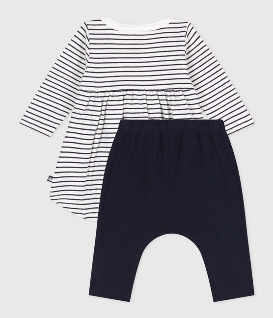 Babies' cotton Breton dress with leggings MARSHMALLOW white/SMOKING blue
