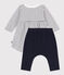 Babies' cotton Breton dress with leggings MARSHMALLOW white/SMOKING blue