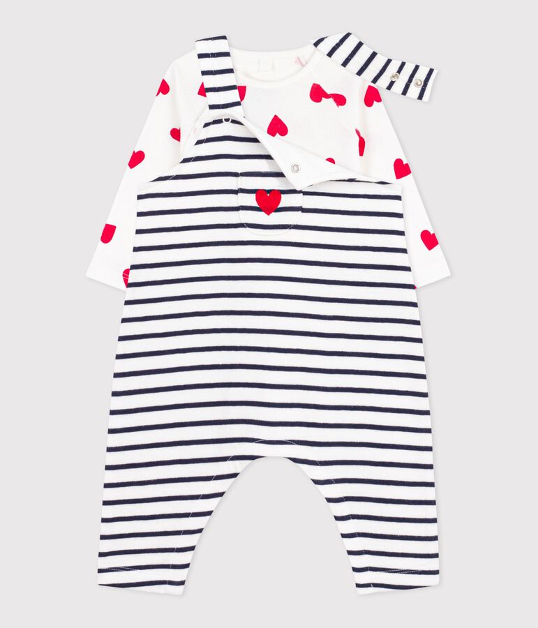 Babies' stripy dungarees/body set featuring a body printed with hearts MARSHMALLOW white/SMOKING blue