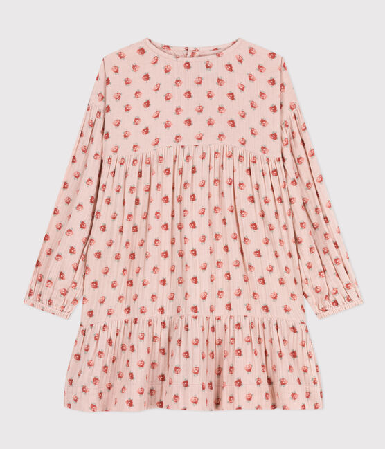 Girls' long-sleeved floral cotton gauze dress SALINE pink/MULTICO white