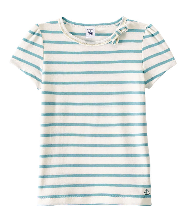 Girl's sailor-striped T-shirt MARSHMALLOW white/MIMI blue