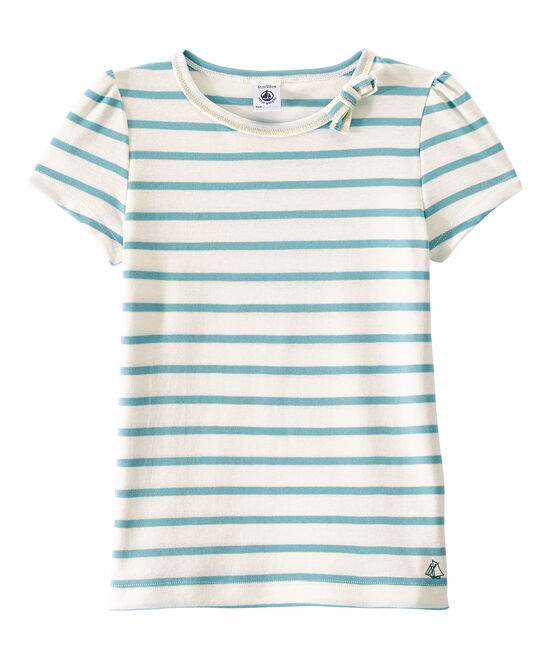 Girl's sailor-striped T-shirt MARSHMALLOW white/MIMI blue