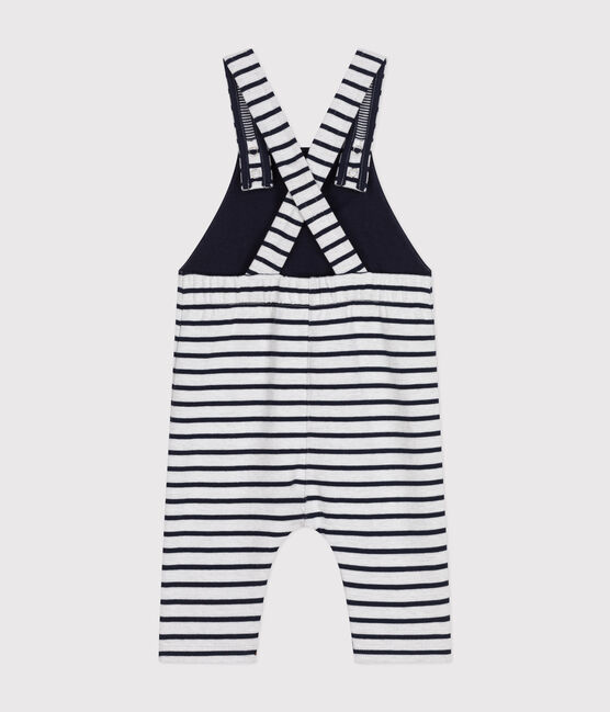 Babies' Thick Stripy Jersey Long Dungarees MARSHMALLOW white/SMOKING blue