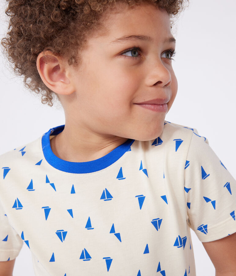 Children's short-sleeved printed cotton T-shirt Ecru/blue