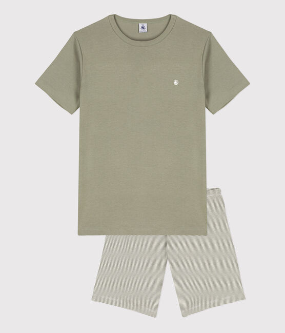 Boys' Pinstriped Short Cotton Pyjamas MARECAGE /MARSHMALLOW