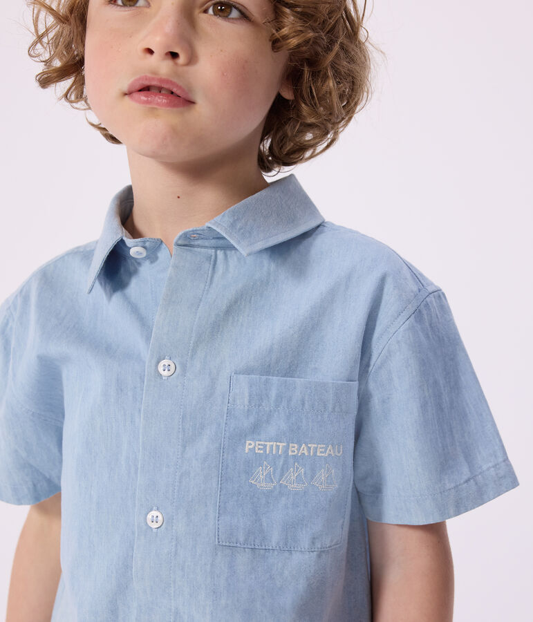 Children's short-sleeved cotton shirt BLEU CLAIR blue