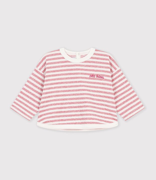 Babies' long-sleeved stripy cotton T-shirt. pink/ecru