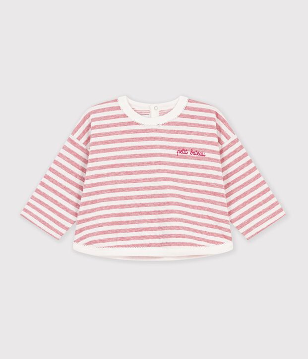 Babies' long-sleeved stripy cotton T-shirt. pink/ecru