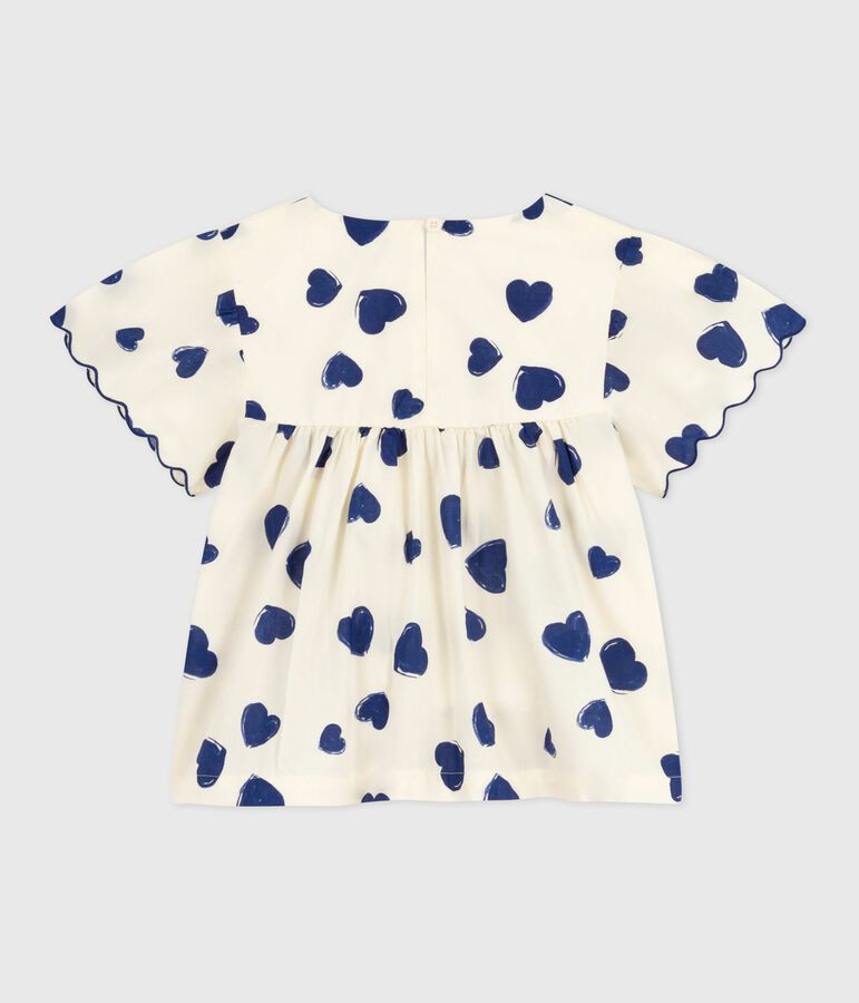 Children's cotton blouse in printed cotton poplin. Ecru/blue