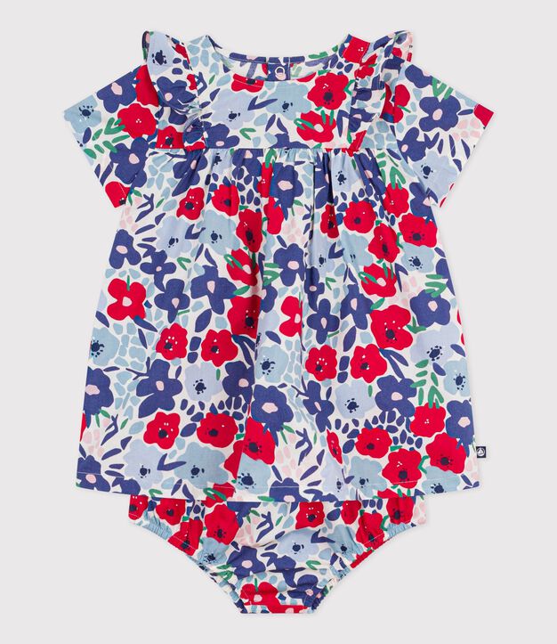 Babies' short-sleeved cotton dress and matching bloomers printed with hearts white/multicolor