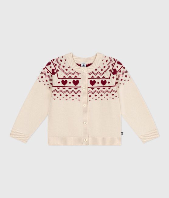 Children's cotton and wool patterned jacquard cardigan AVALANCHE Ecru/AMARANTE
