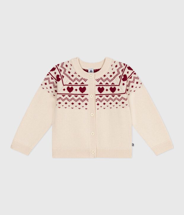 Children's cotton and wool patterned jacquard cardigan Ecru/red