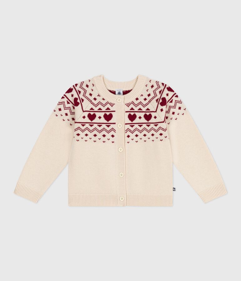 Children's cotton and wool patterned jacquard cardigan Ecru/red