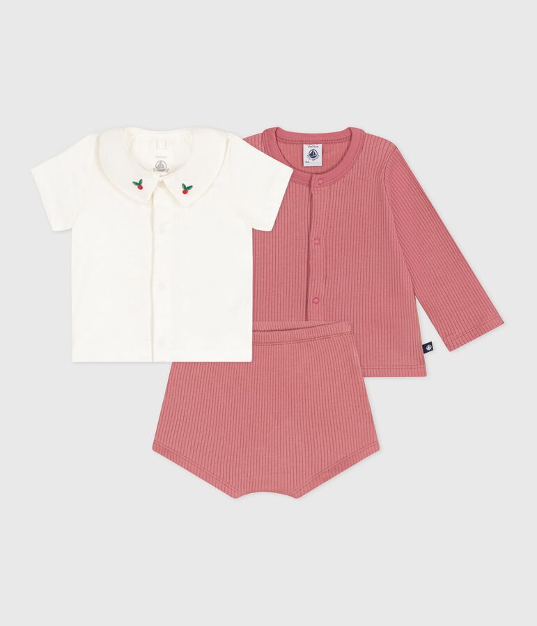 Three-piece newborn set in cotton, and the T-shirt has an embroidered collar pink/multicolor