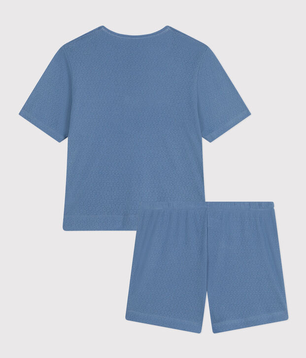 Women's openwork cotton pyjama shorts and plain T-shirt blue
