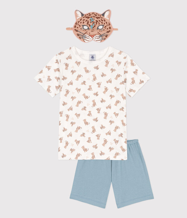 Children's unisex leopard print cotton pyjamas with mask white/multicolor