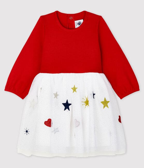 Baby Girls' Long-Sleeved Dress TERKUIT red/MULTICO white