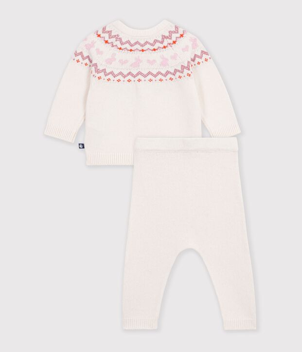 Jacquard knit outfit for babies Ecru/pink