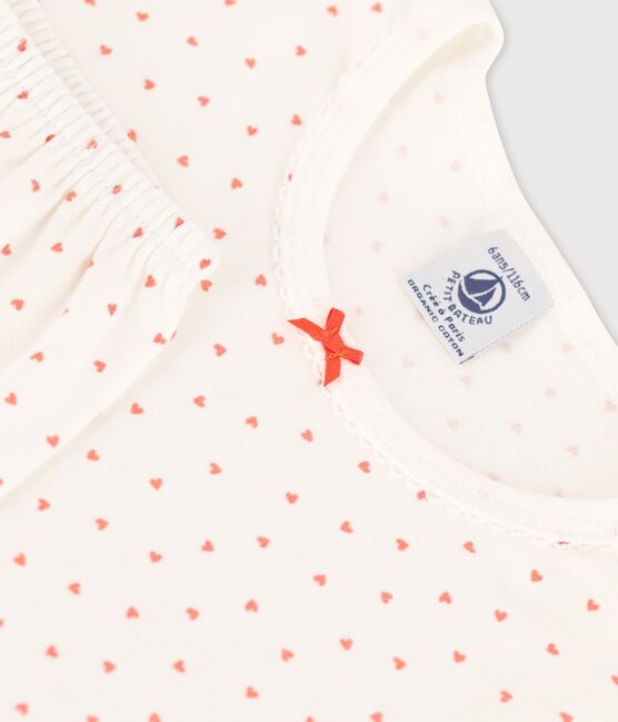 Girls' Heart Pattern Cotton Pyjamas MARSHMALLOW white/PAPAYE