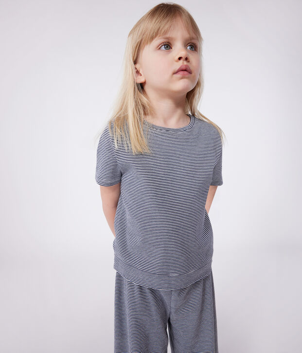 Children's cotton pyjamas with short sleeves and wide stripy legs blue/white