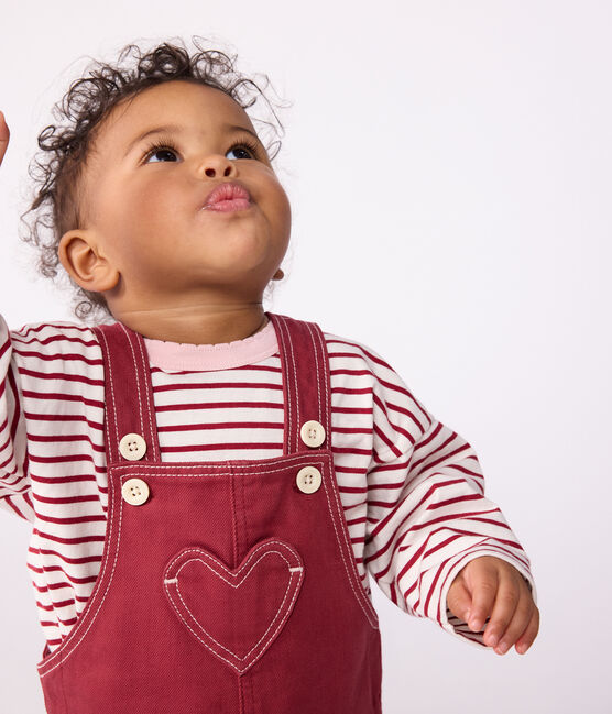 Babies' long-leg coloured denim dungarees AMARANTE