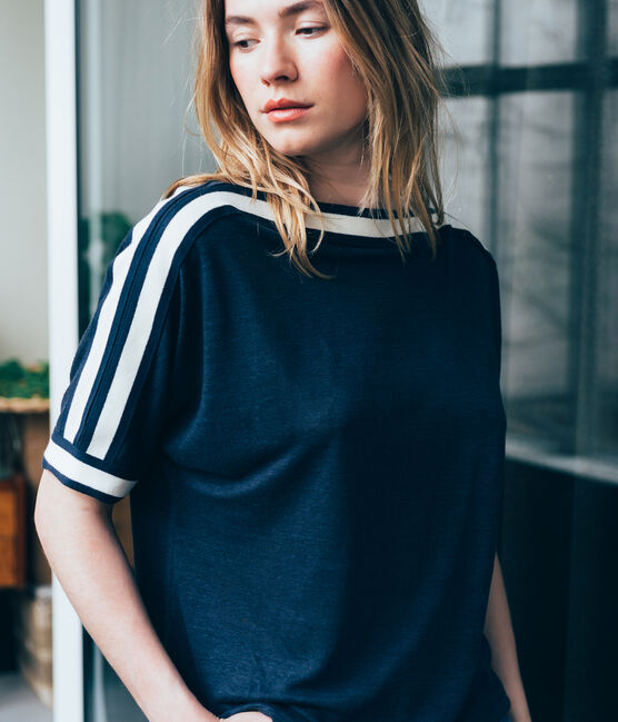 women's short sleeved tee-shirtin shiny linen SMOKING blue