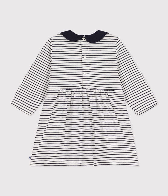 Babies' Long-Sleeved Stripy Tube-Knit Dress MARSHMALLOW white/SMOKING blue