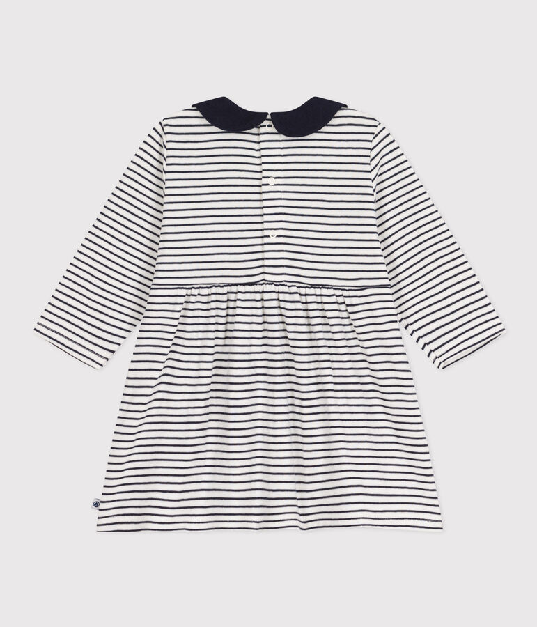 Babies' Long-Sleeved Stripy Tube-Knit Dress white/blue