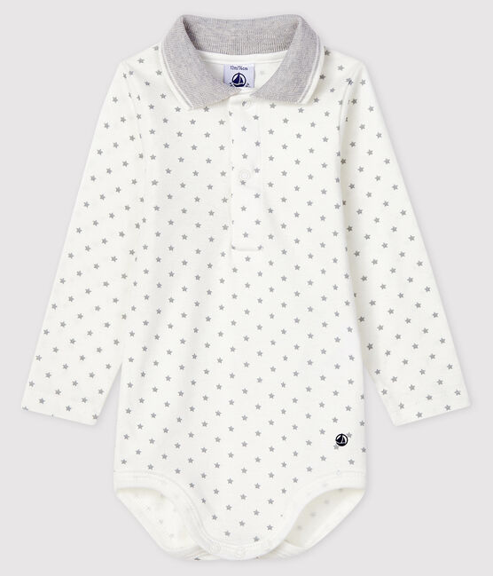 Baby's long-sleeved bodysuit with polo shirt neck MARSHMALLOW white/GRIS grey
