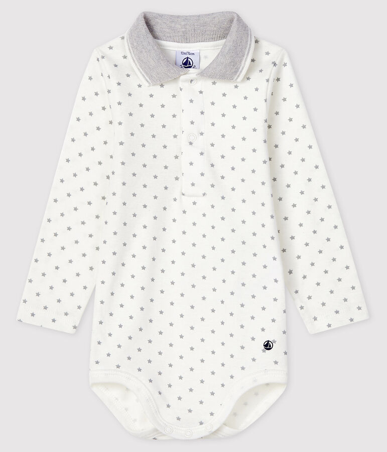 Baby's long-sleeved bodysuit with polo shirt neck white/grey