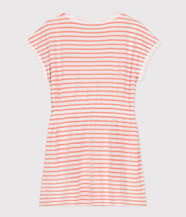 Children's short-sleeved stripy cotton towelling dress white/orange