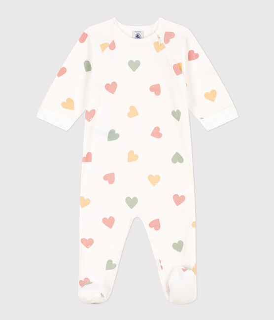 Babies' multicoloured heart-patterned velour pyjamas MARSHMALLOW white/MULTICO white