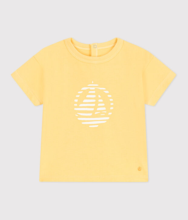Babies' short-sleeved plain cotton T-shirt yellow