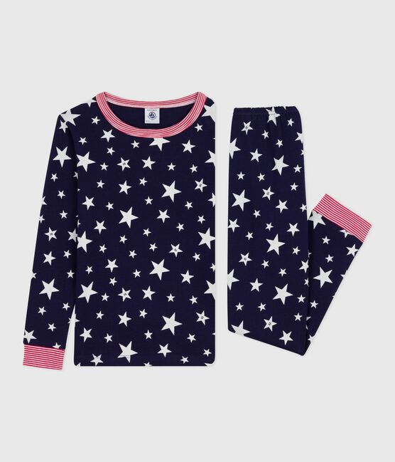 Children's star-print cotton pyjamas with snug-fitting legs SOIR blue/MARSHMALLOW